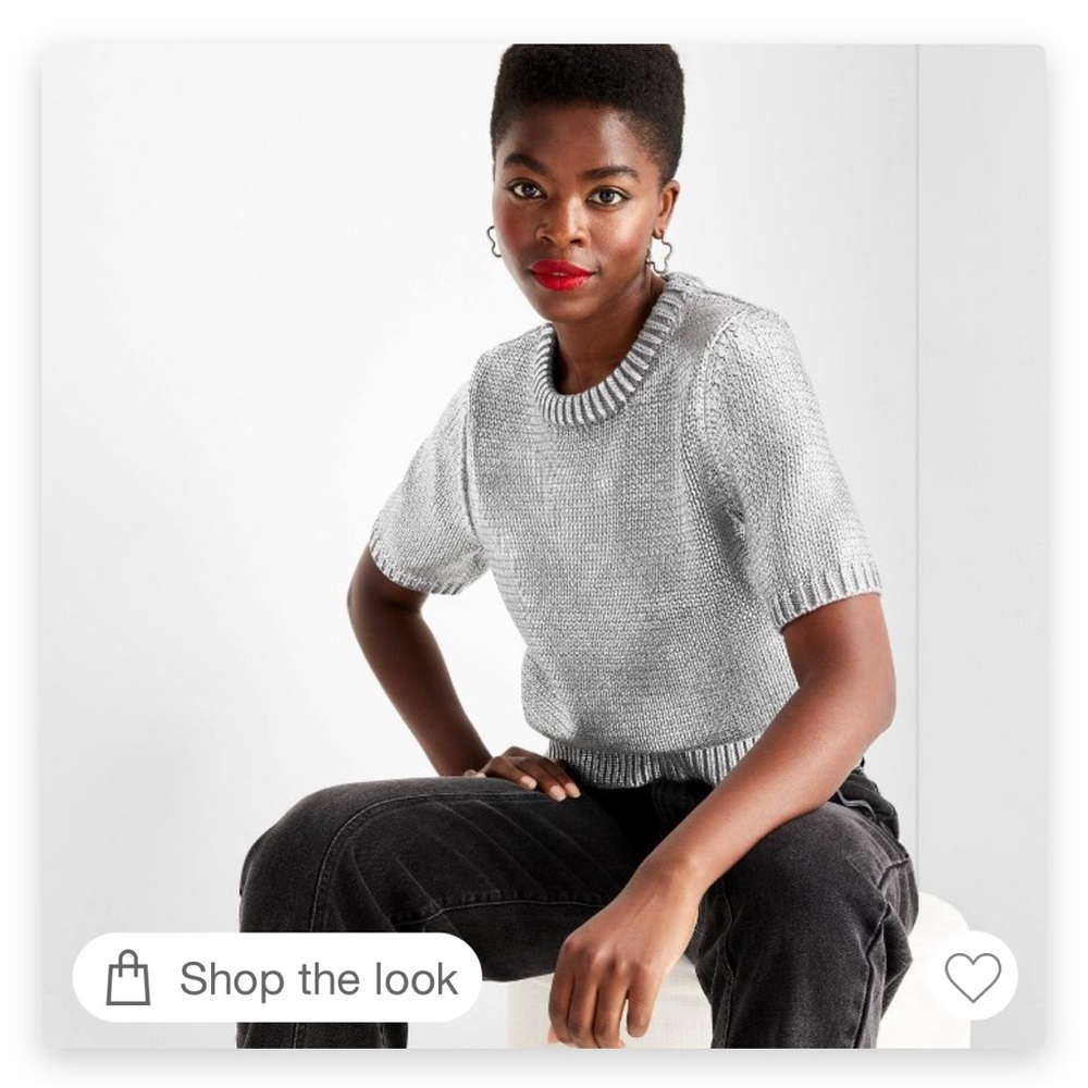 Elegant Silver Metallic Crew Neck Short Sleeve Sweater